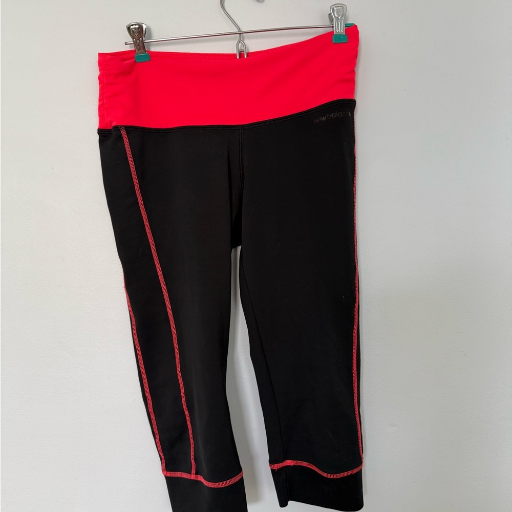 New Balance Black Capri Leggings with Neon Coral Waistband